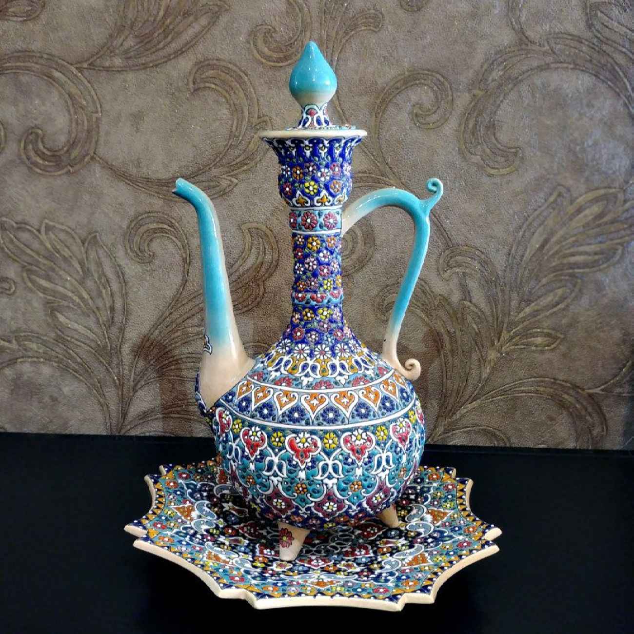 Set of Persian Pottery Rosewater Sprinkler & Plate