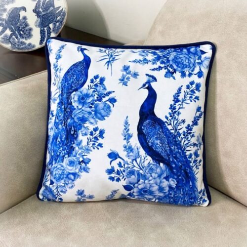 Stunning Velvet Cushion Cover – Printed & Double Sided Elegant Peacock & Floral Design (Set of 2)