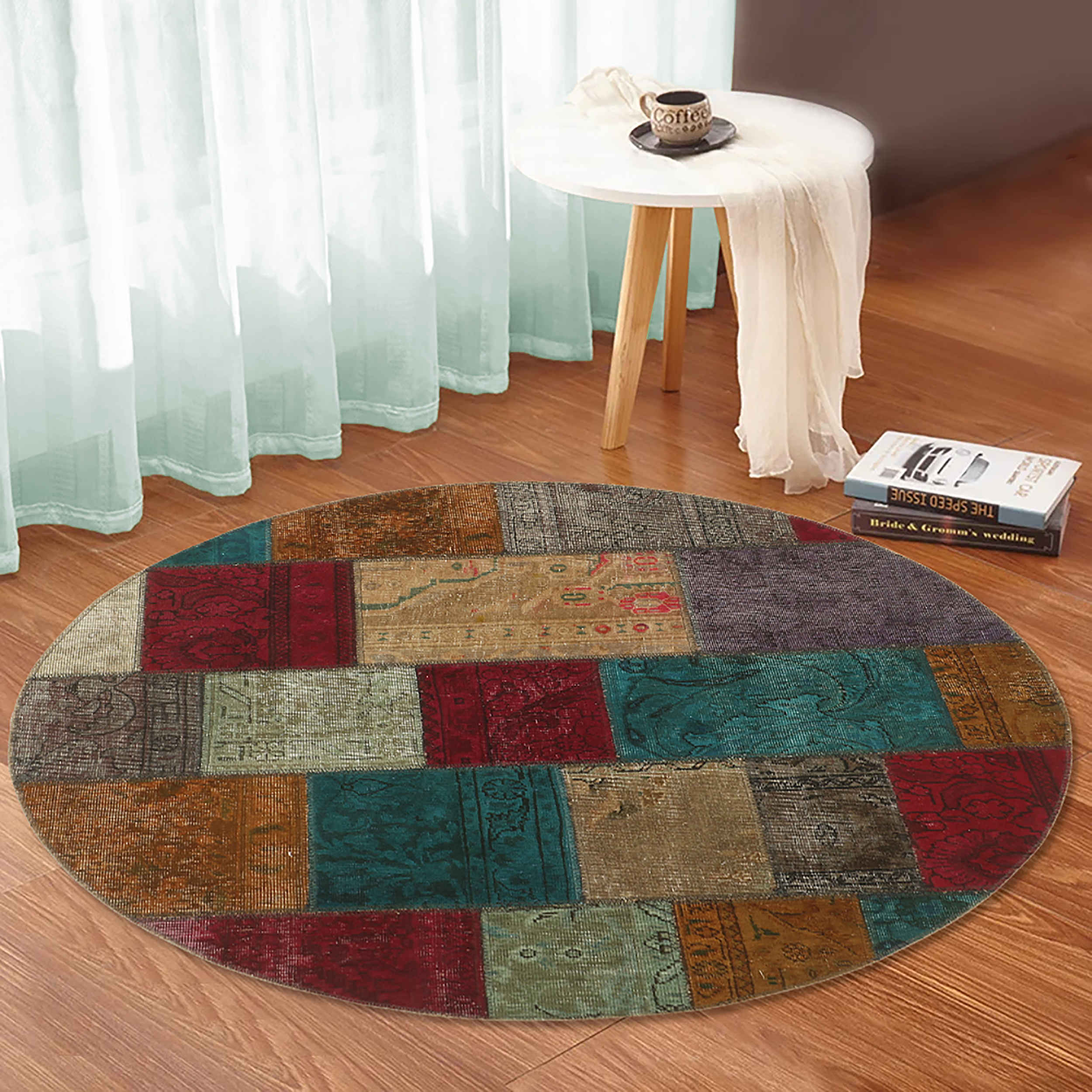 Vintage Persian Hand-Knotted Patchwork Carpet Round