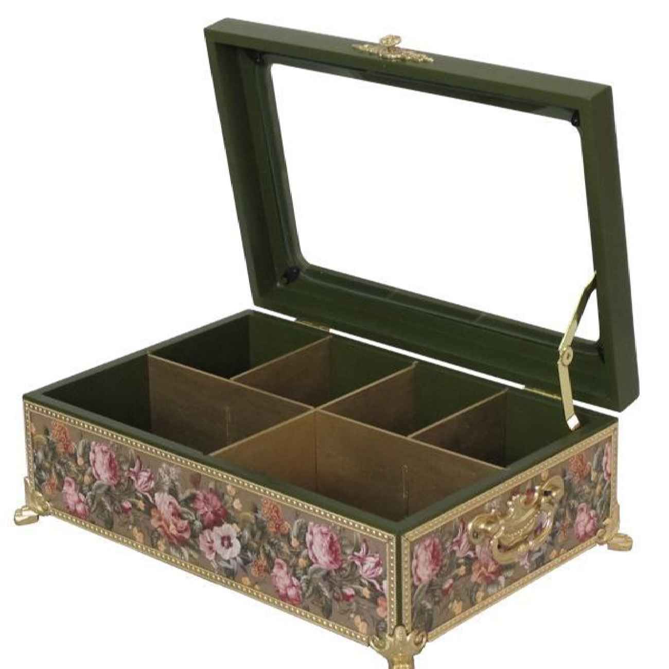 Floral Wood Tea Box with Organized Sections