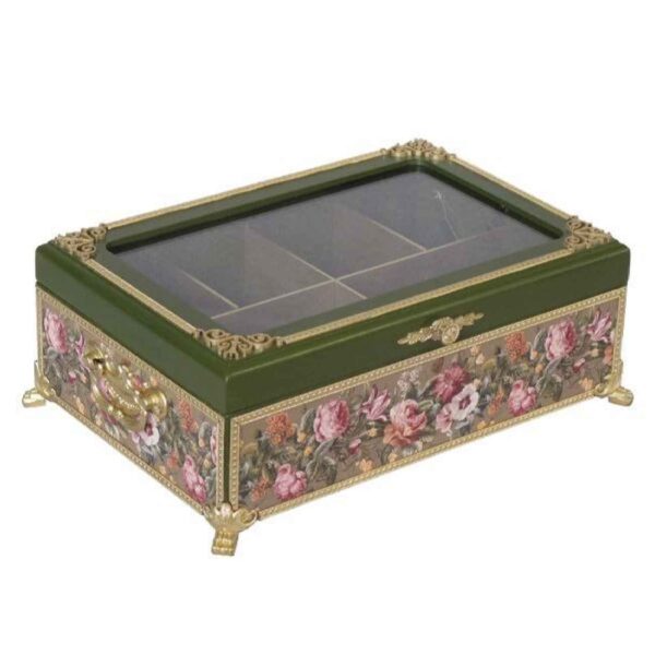 Floral Wood Tea Box with Organized Sections