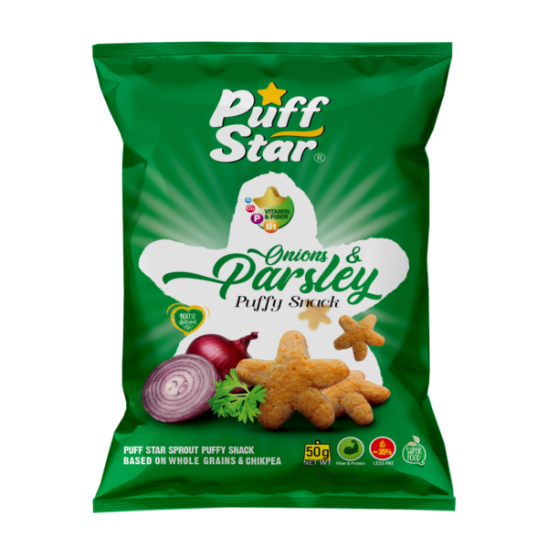 Iranian Sooyegh - Puff Star Legume Snack with Onion and Parsley Flavor: Whole Grain and Chickpea, 50 gr (10x)