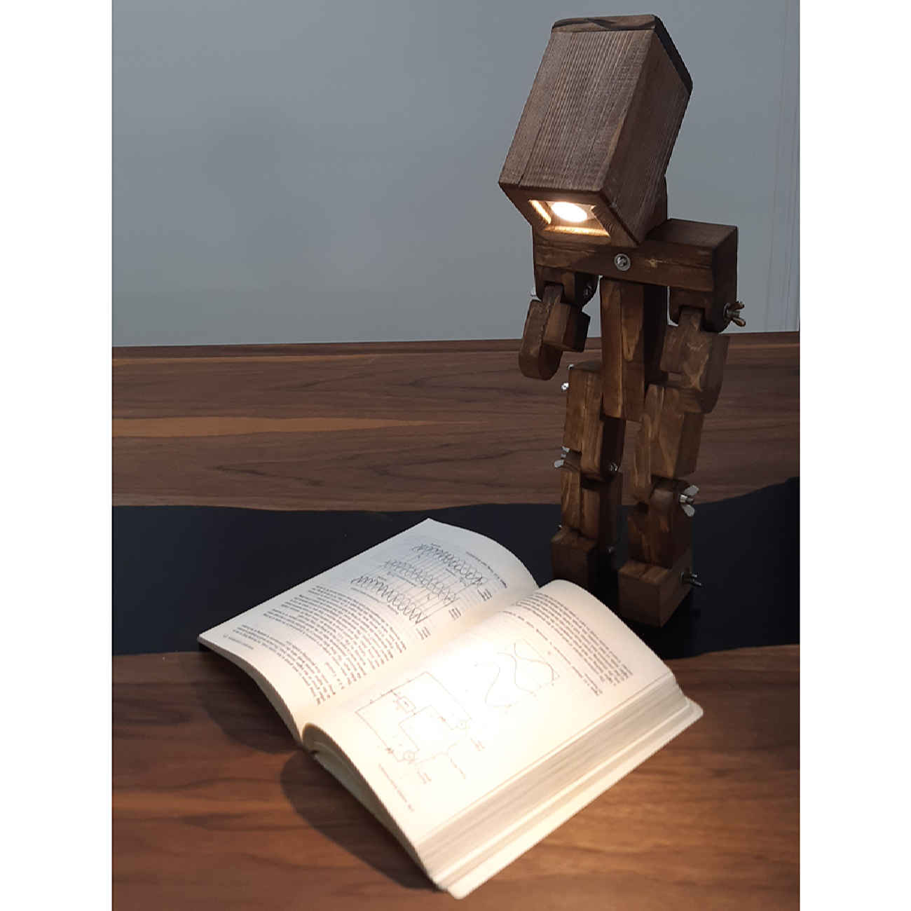 Wooden Desk Lamp Handcrafted and Adjustable Robolight Figurine