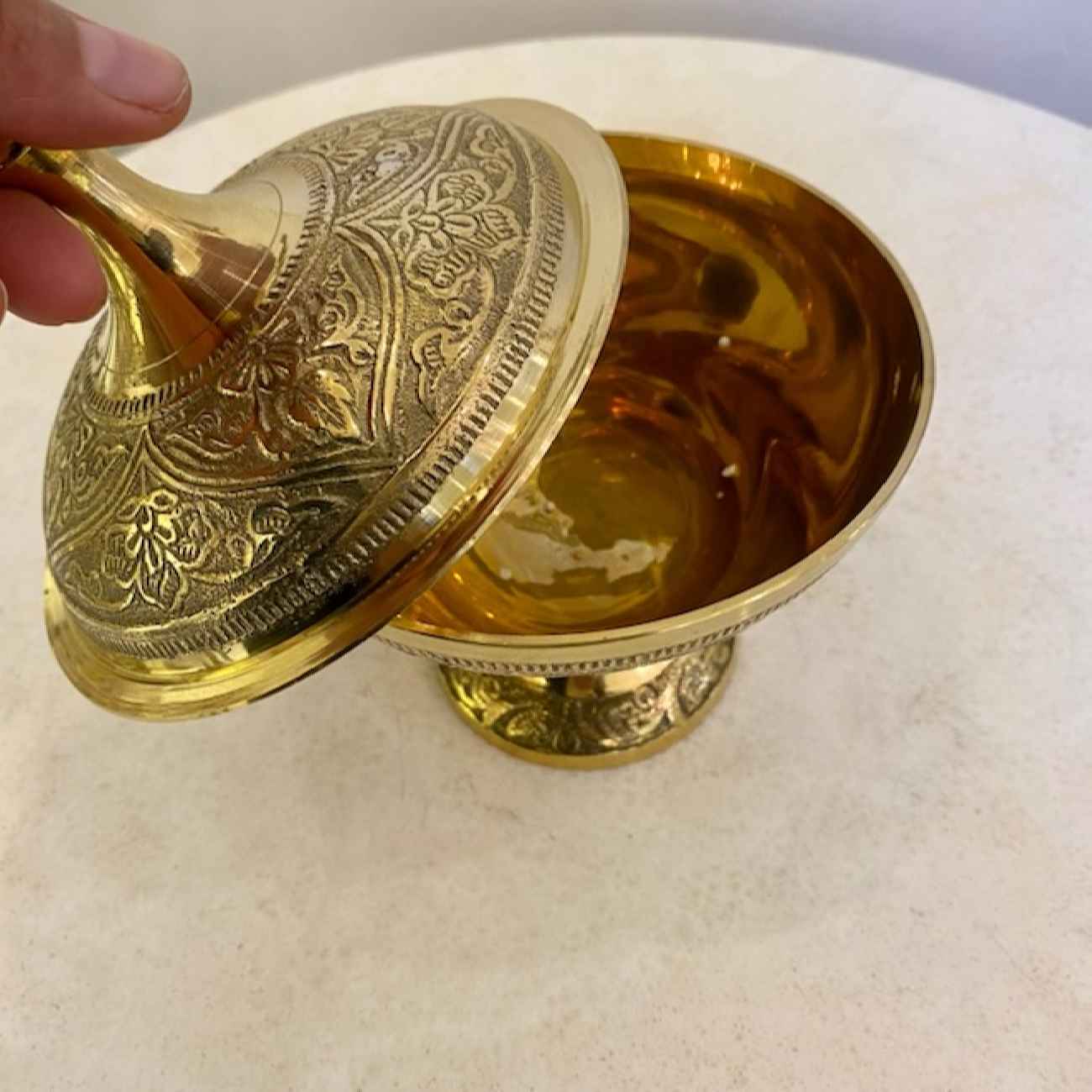 Brass Sugar Bowl with Decorative Lid & Footed