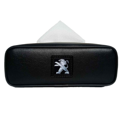 Car Tissue Holder – Premium Faux Leather, Backseat Installation-Peugeot Logo