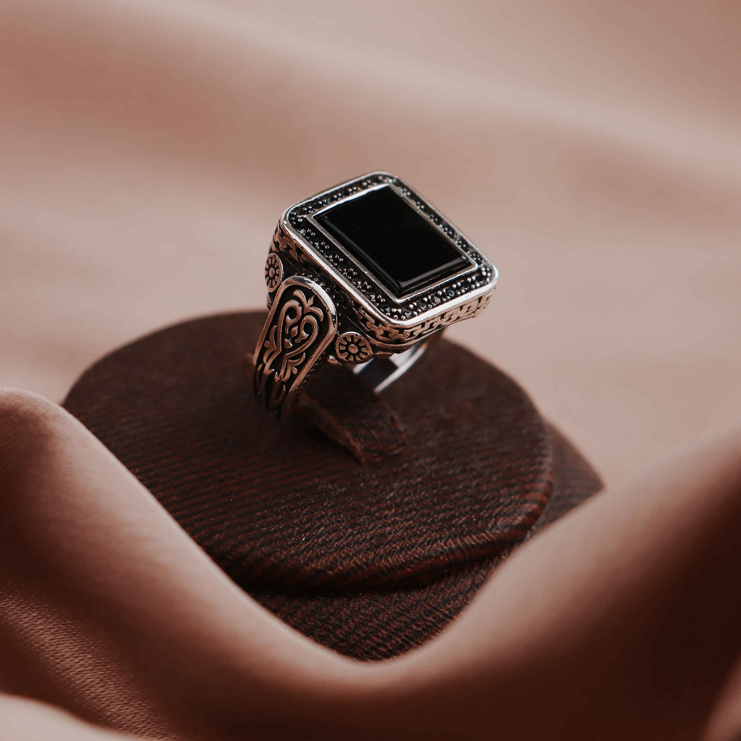 Classic Persian Silver Ring for Men with Black Gemstone