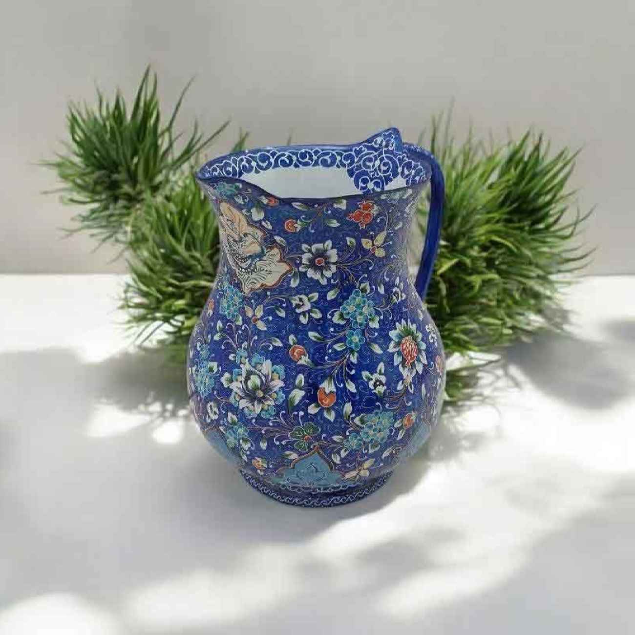 Decorative Copper Pitcher Handcrafted With Persian Minakari Enamelwork