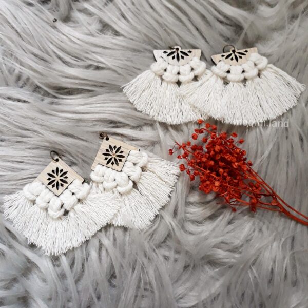 Handwoven Macrame Tassel Earring in White