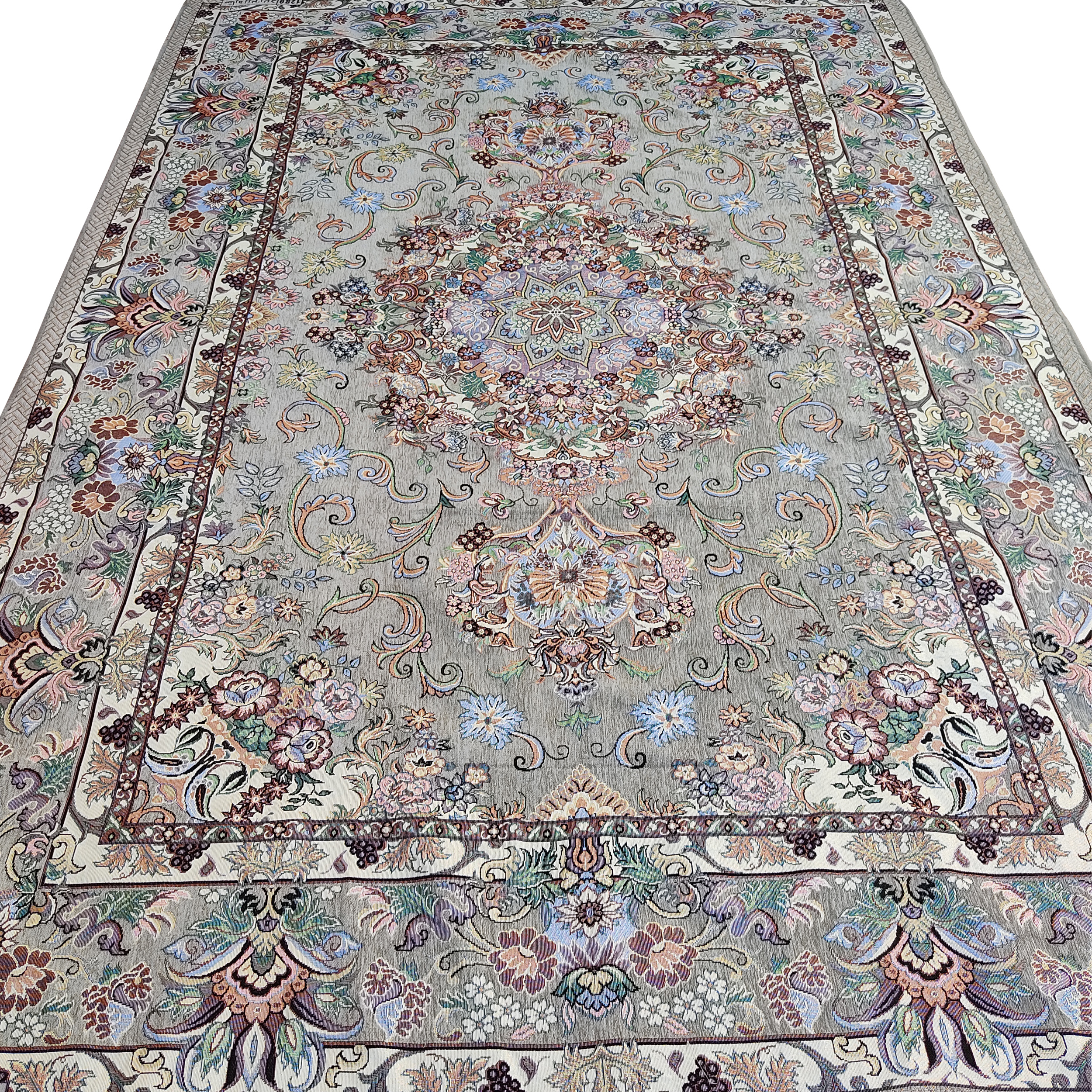 Large Persian Style Indoor Floor Mat with Floral Design in Gray