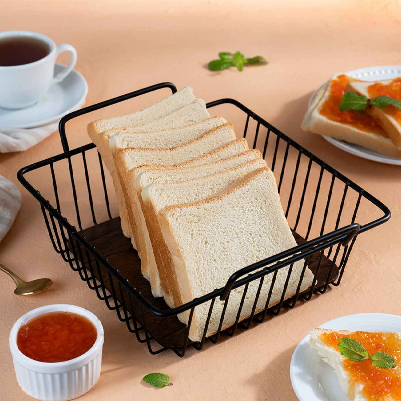 Metal Wire Fruit Basket With Wooden Base in Black
