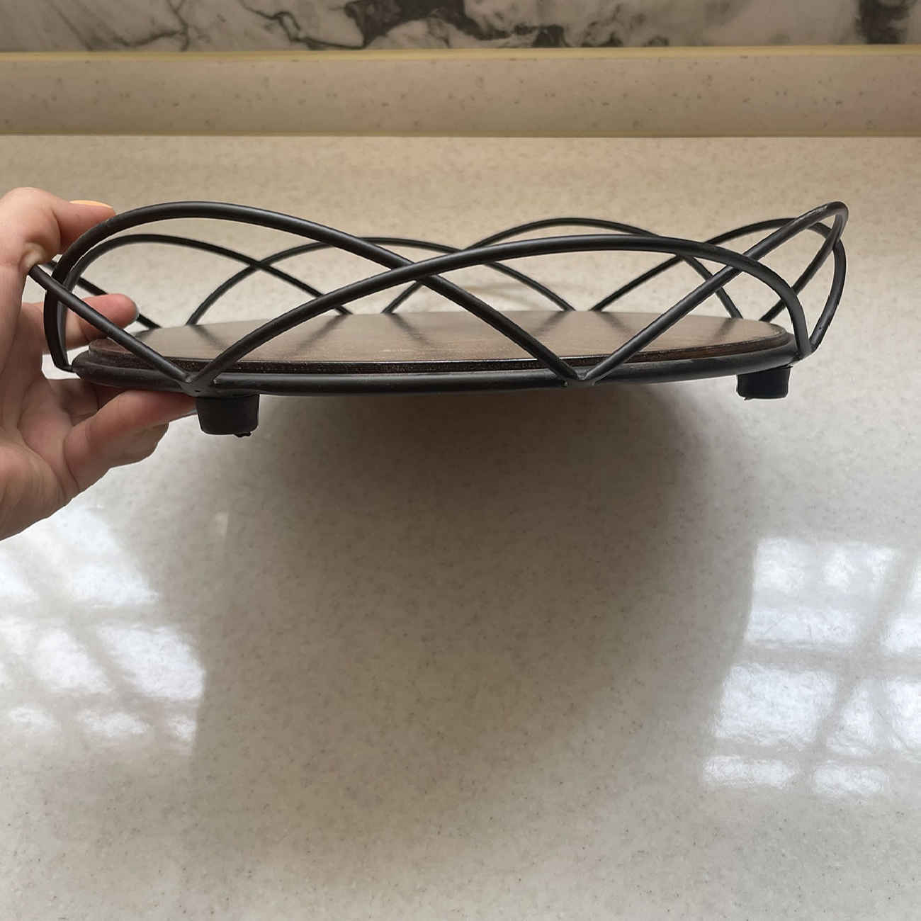 Metal Wire Fruit Basket With Wooden Base in Black