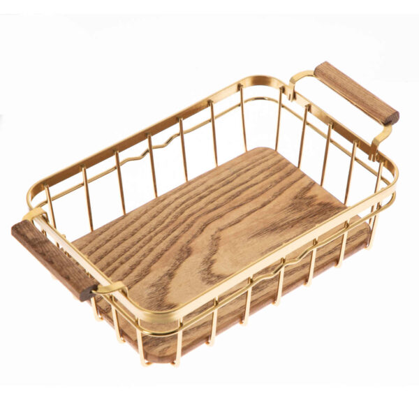 Metal Wire Fruit Basket with Wooden Base in Gold