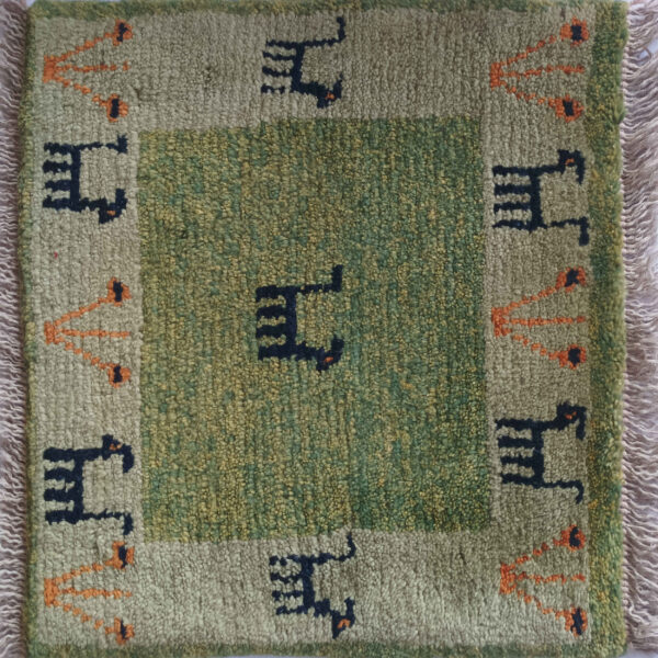 Persian Gabbeh Rug with Wool Original Handwoven in Fars Animal Motifs Sage Green