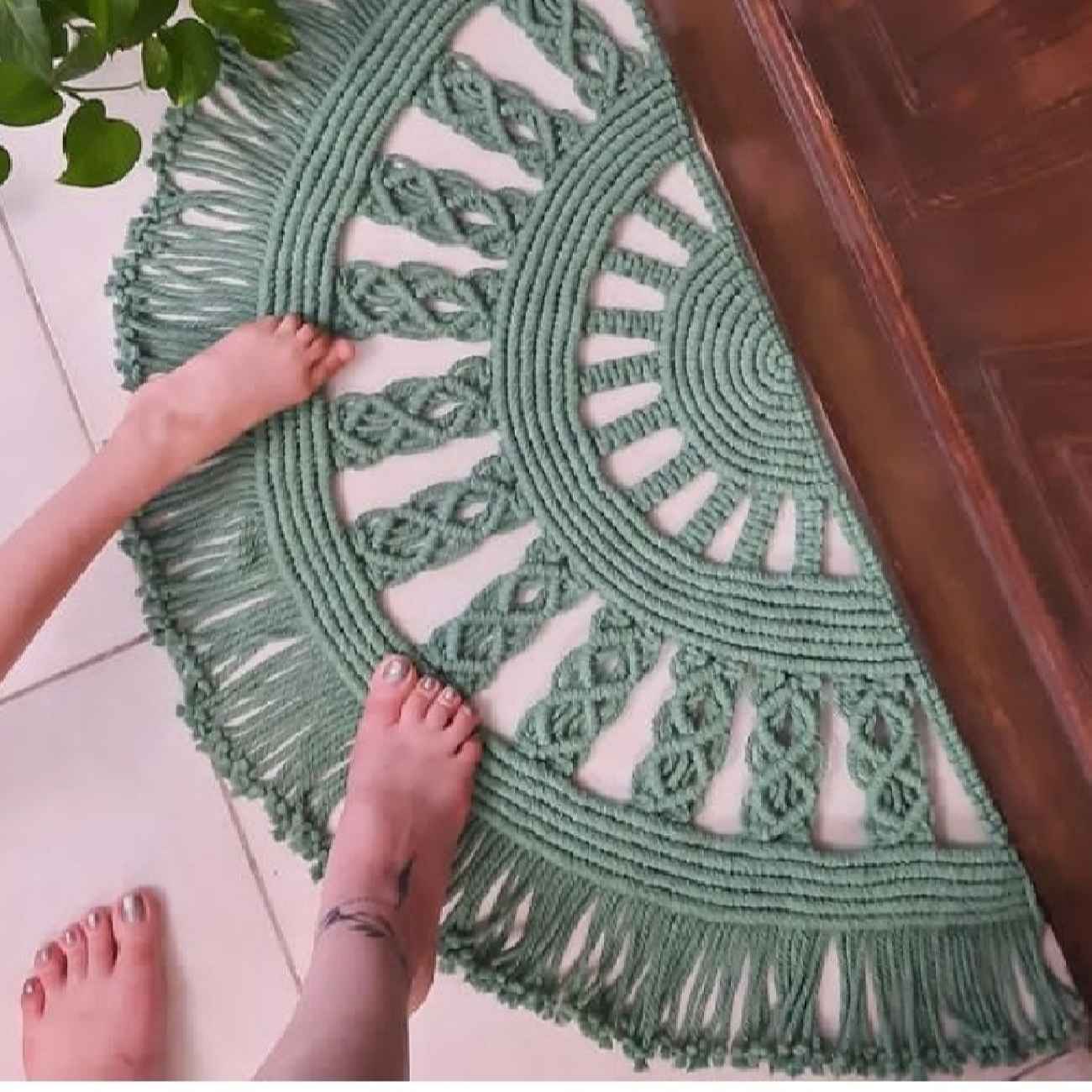 Persian Handwoven Boho Macrame Floor Rug in Green