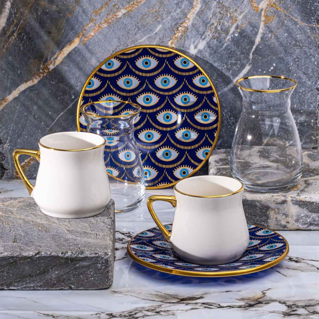 Artistic Porcelain Tea Set of 6 with Evil Eye Design – Unique & Symbolic Tea Service