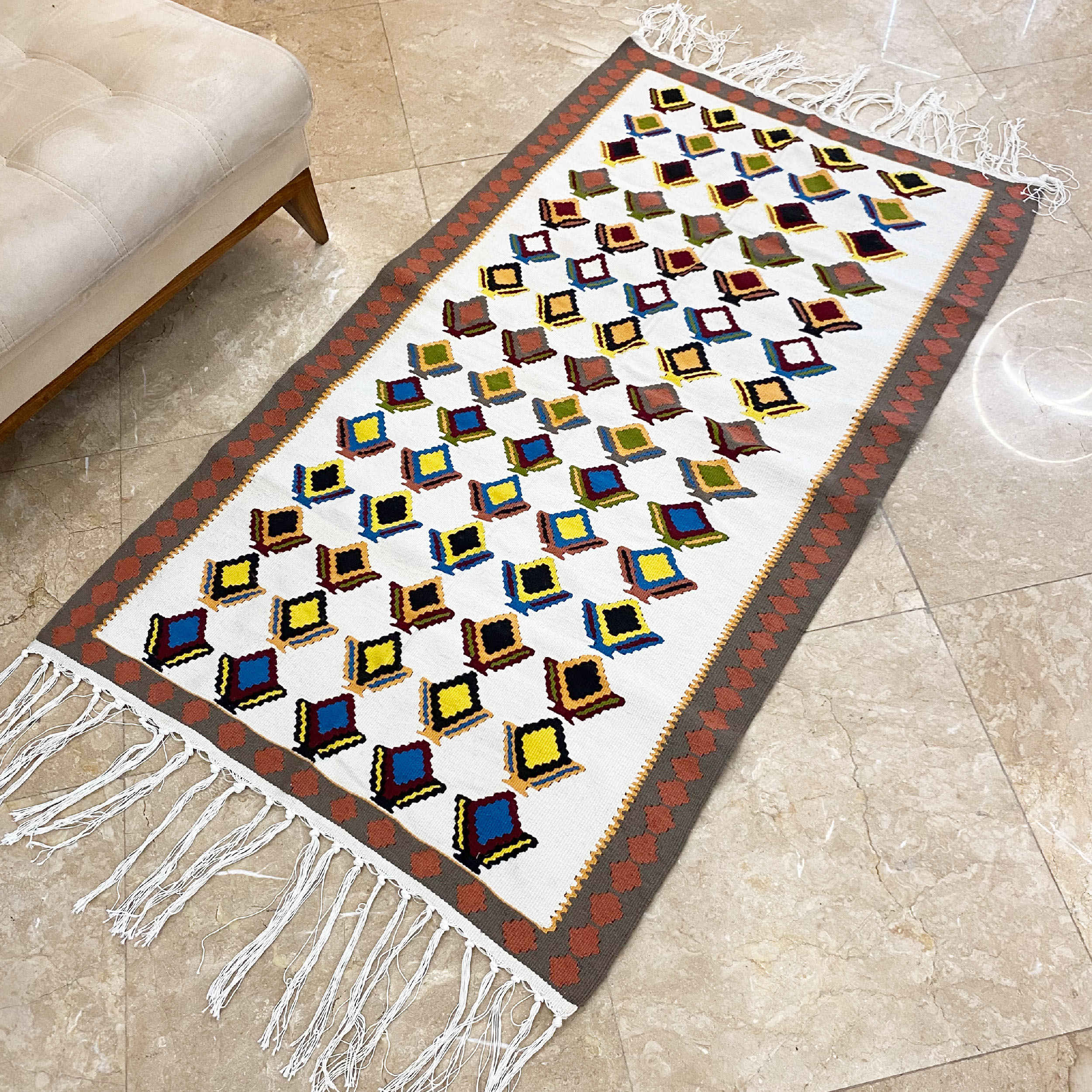 Persian Wool Kilim Rug Genuine Handwoven in Ardabil Geometric White