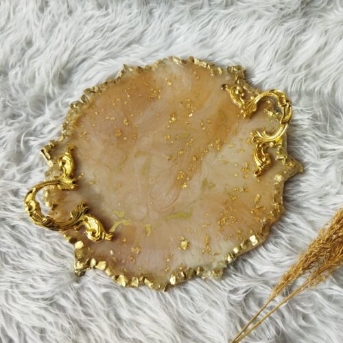 Resin Serving Tray Hand Painted with Handles in Golden