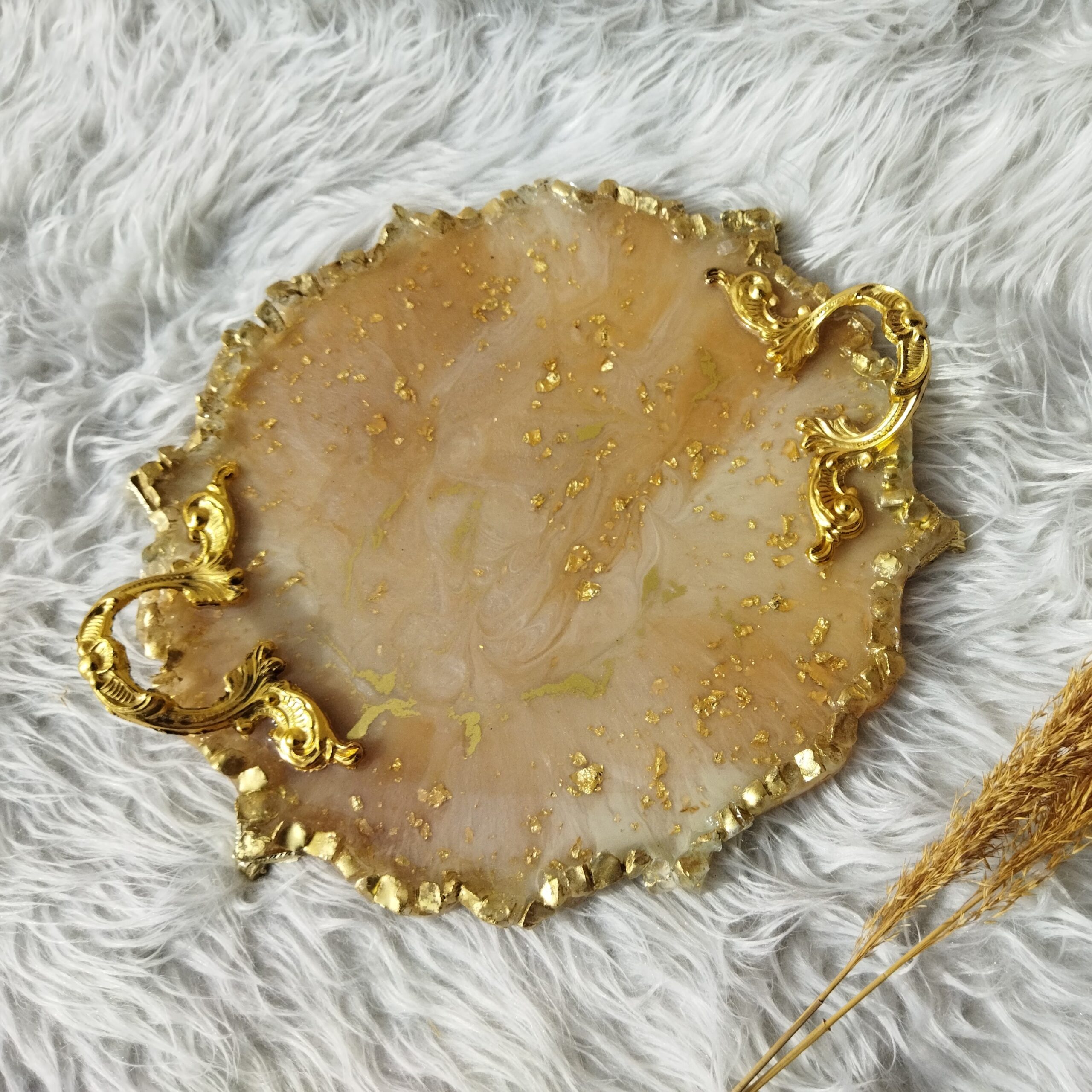 Resin Serving Tray Hand Painted with Handles in Golden