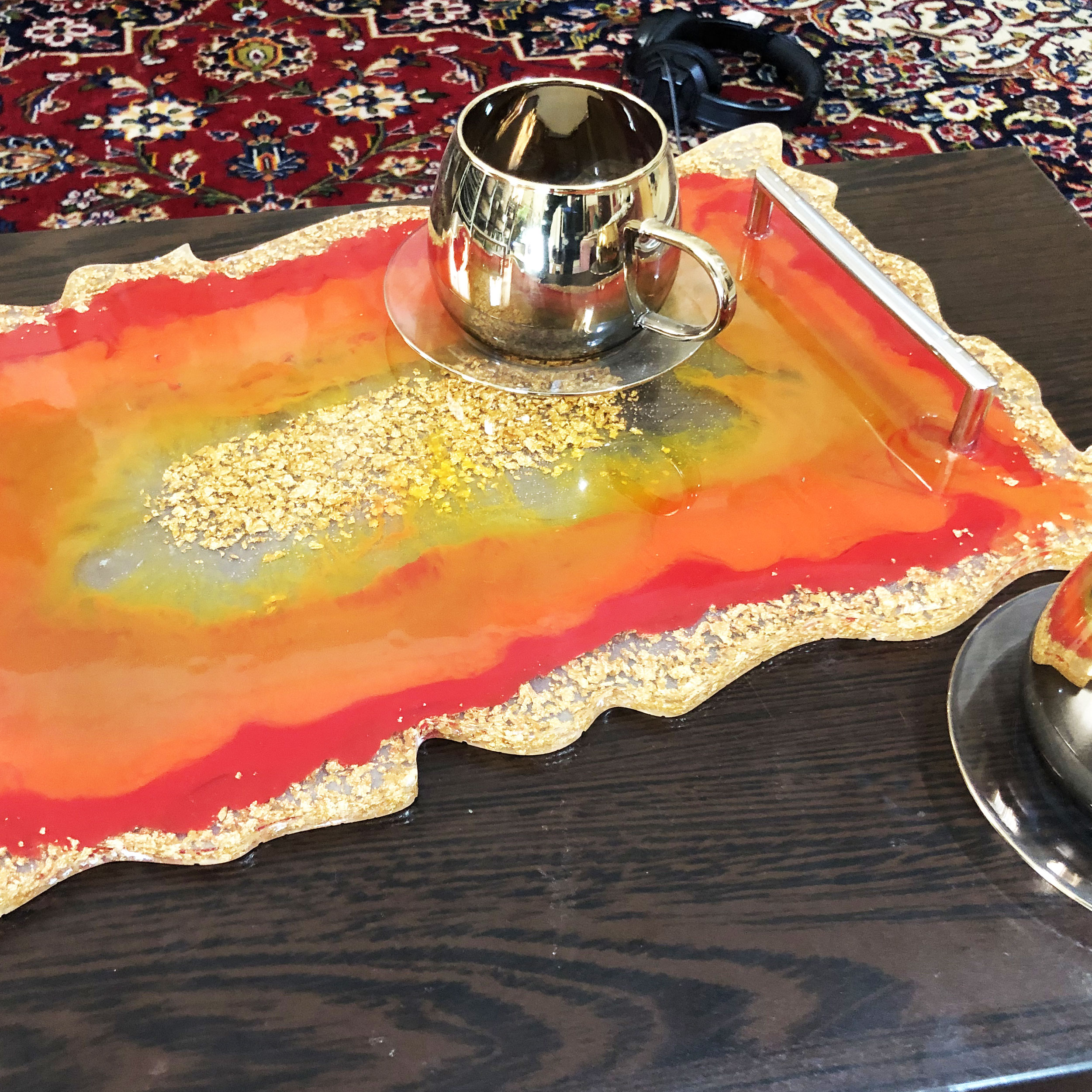 Resin Serving Tray Hand Painted with Handles in Orange