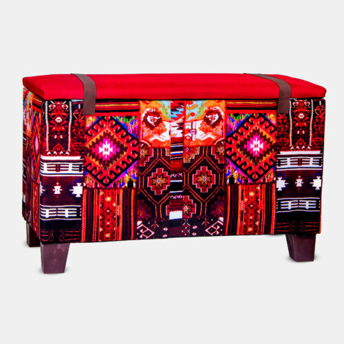 Traditional Red Persian Footstool with Wooden Legs