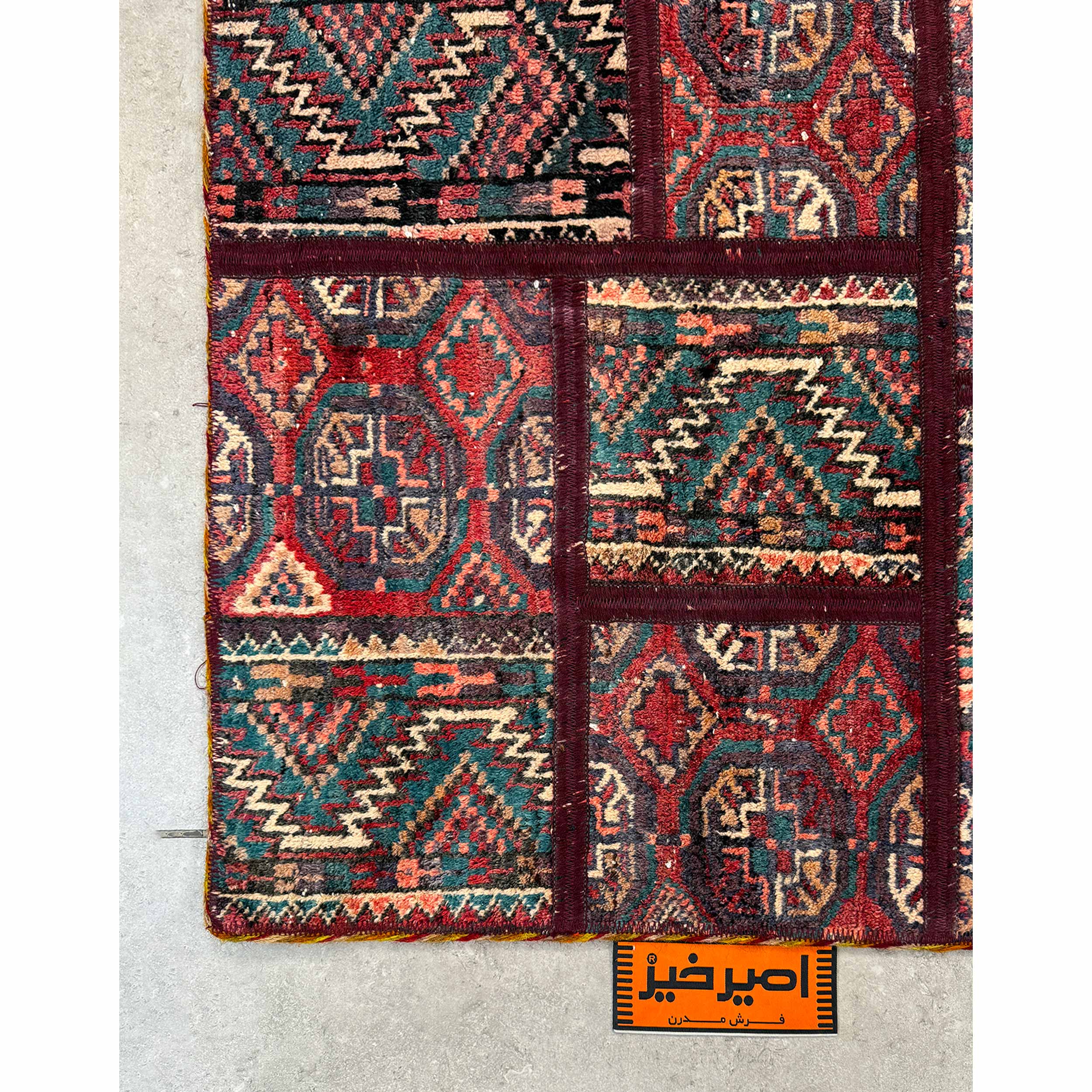 Vintage Persian Hand-Knotted Patchwork Carpet Geometric Red