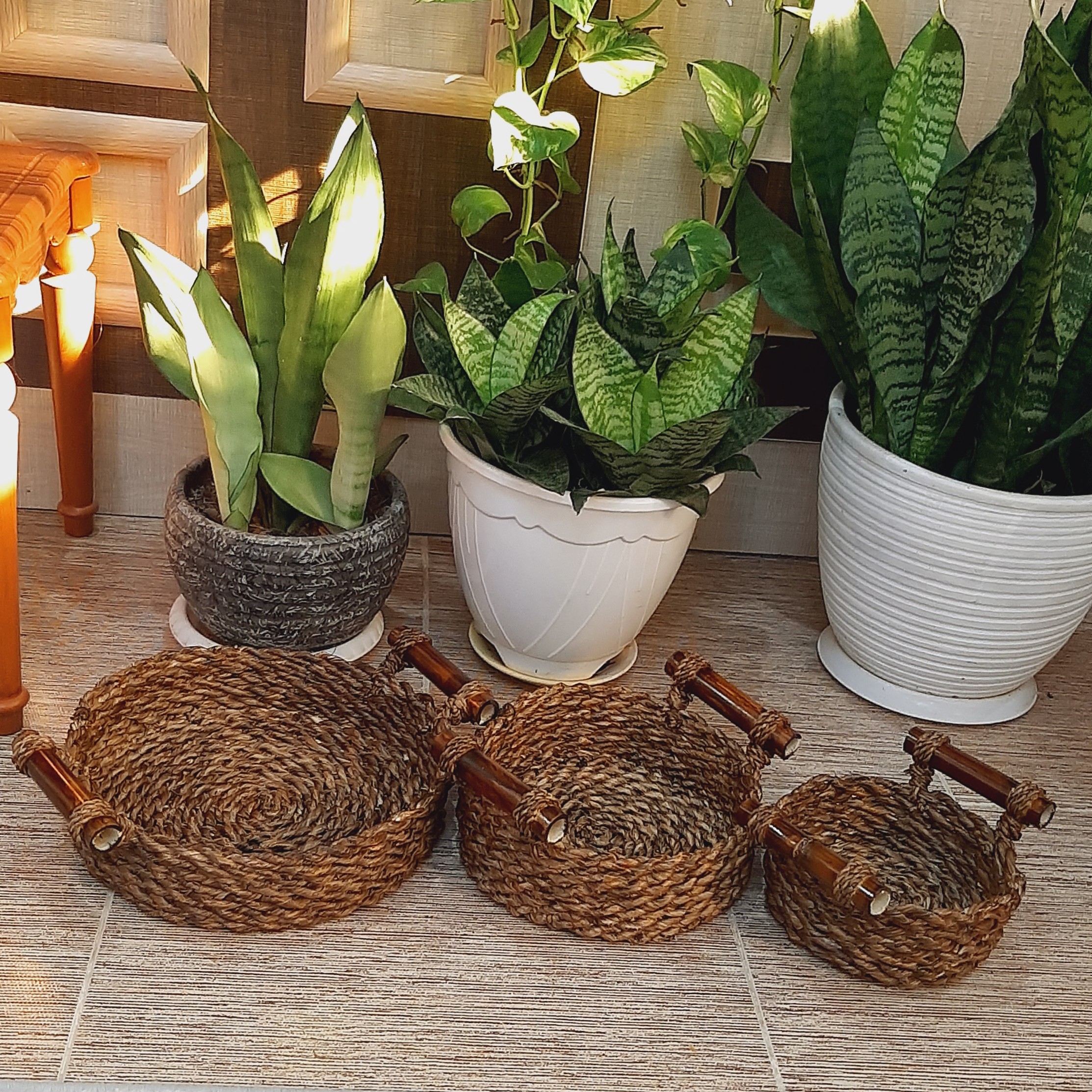 Wicker Basket Handwoven with Handle in Dark Brown