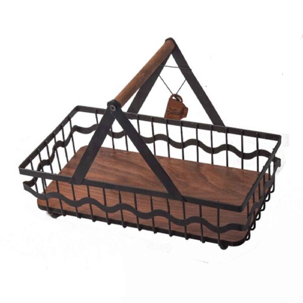 Wire Fruit Basket with Natural Wooden Base & Handle