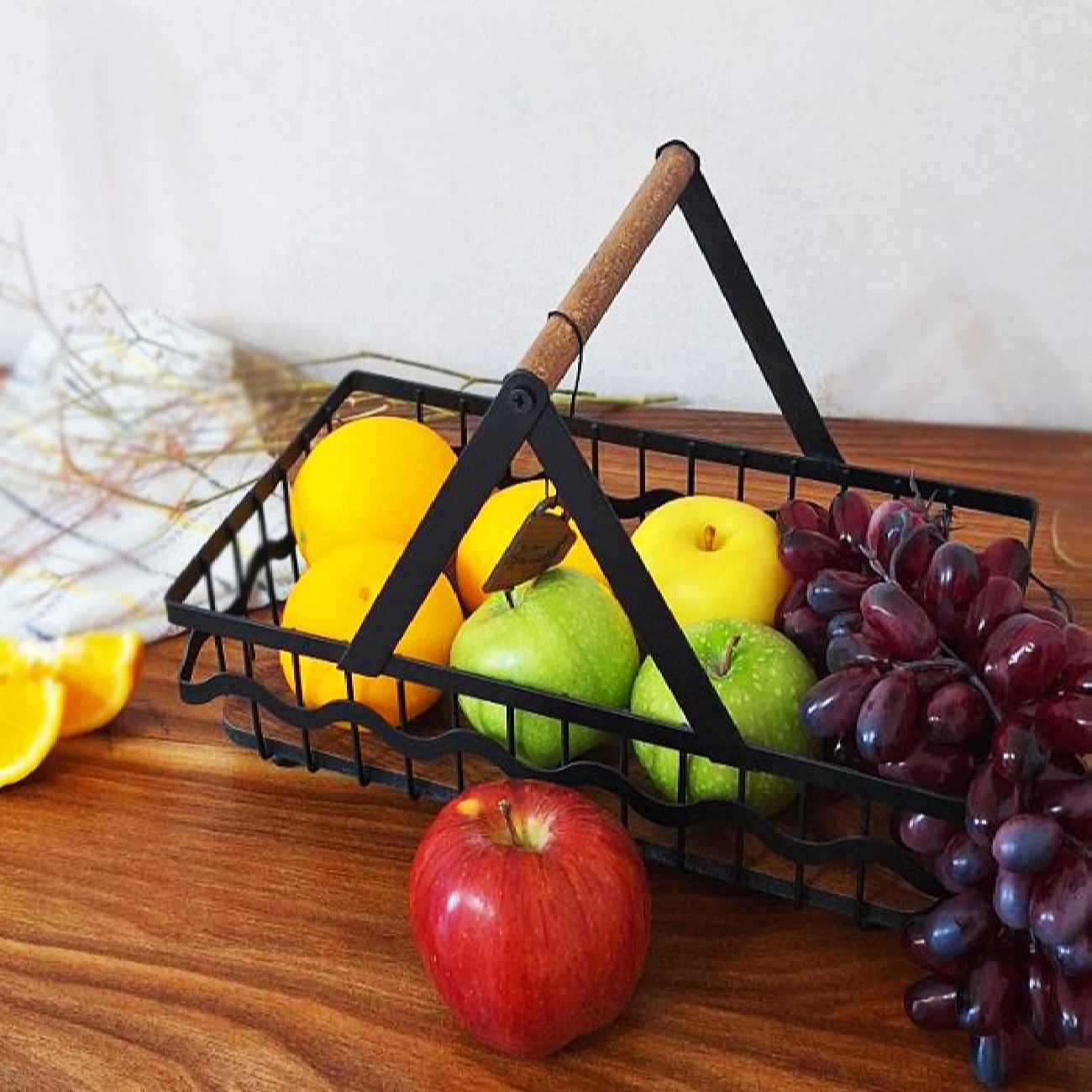 Wire Fruit Basket with Natural Wooden Base & Handle