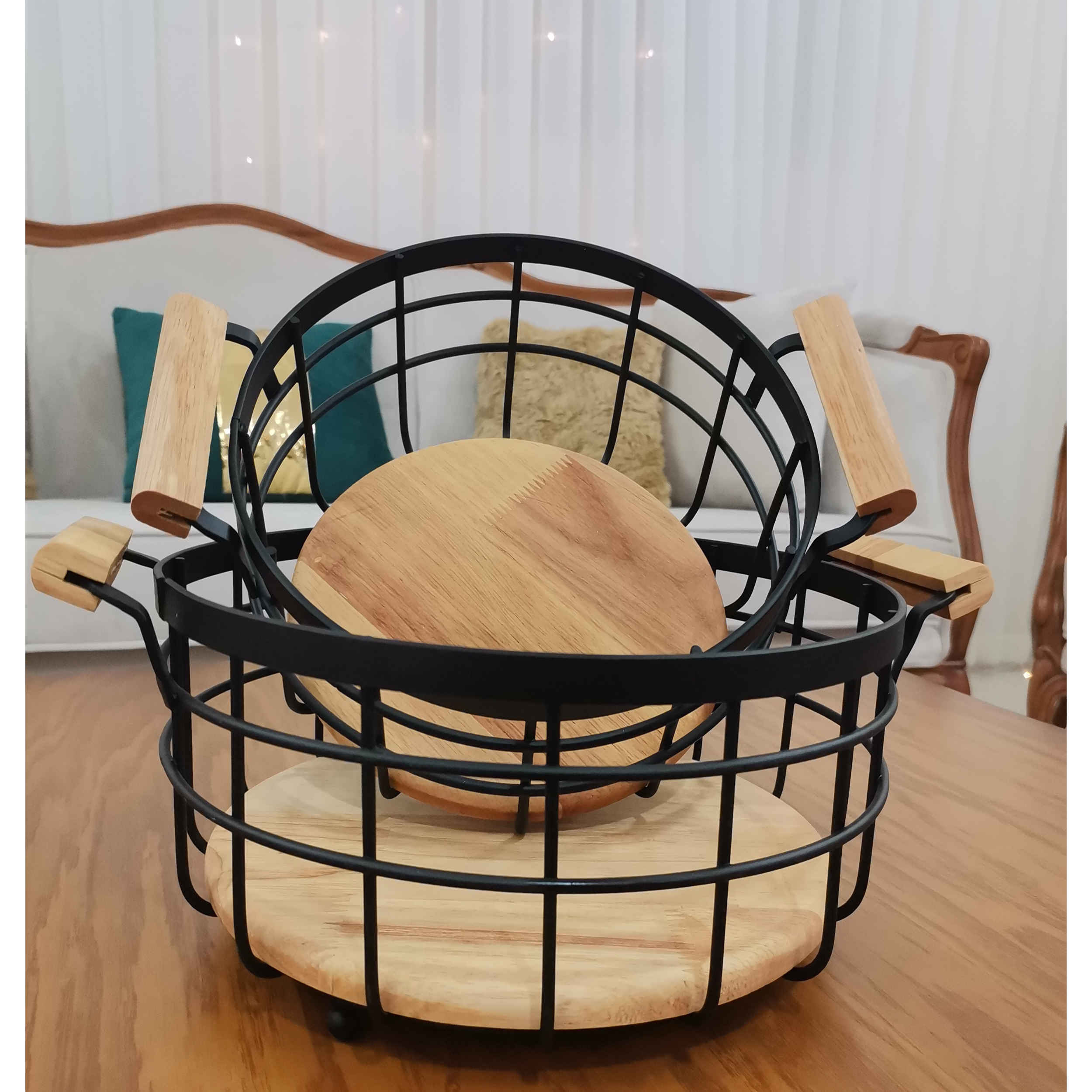 Wire Fruit Basket with Natural Wooden Base with Handle