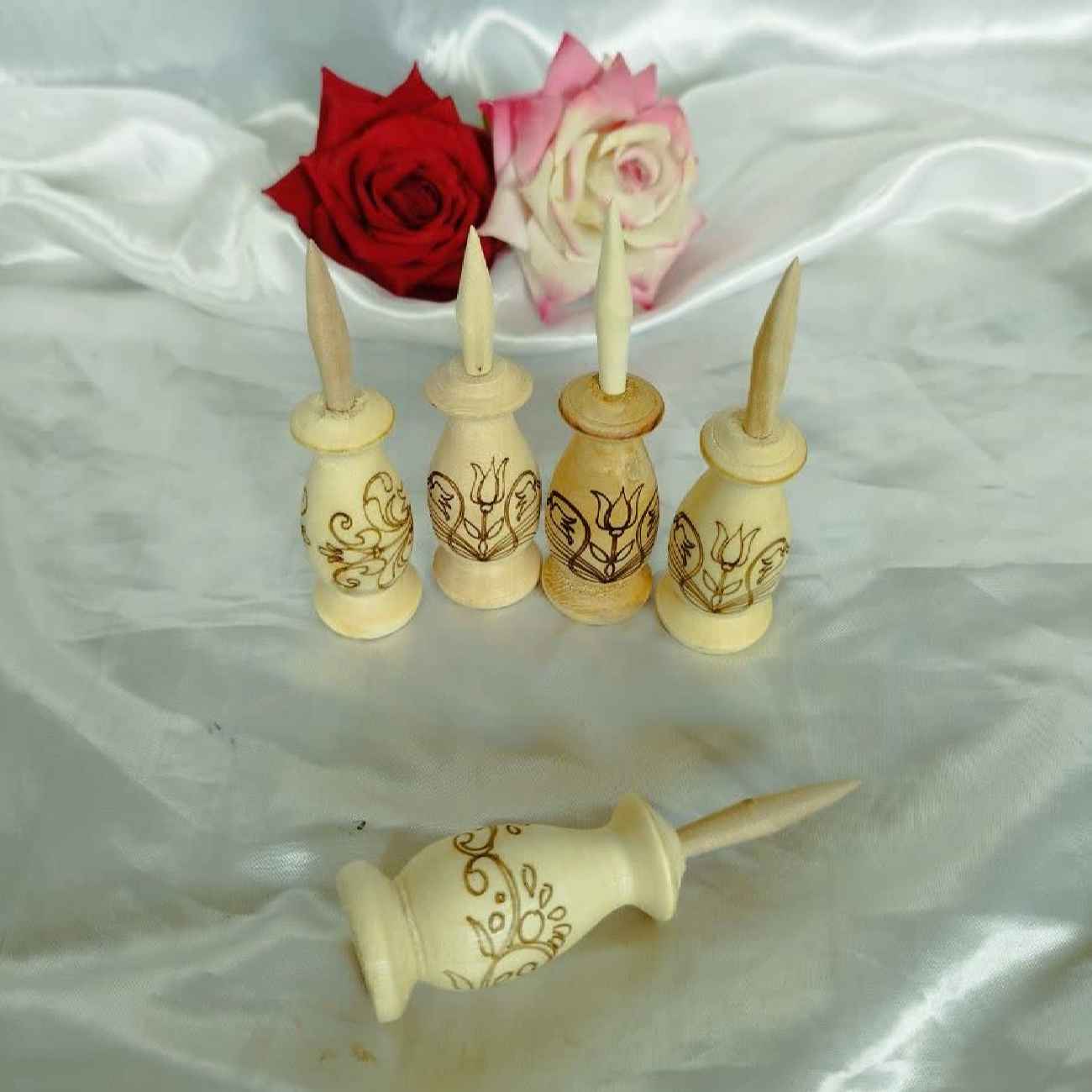 Wooden Persian Kohl Holder Set of 5 with Flower Design