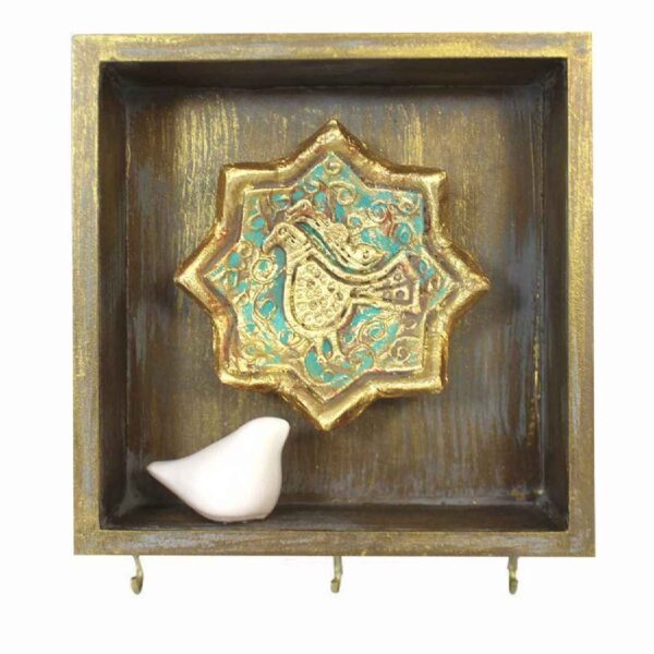 Persian Decorative Wooden Wall Key Holder - Handcrafted with Bird Design