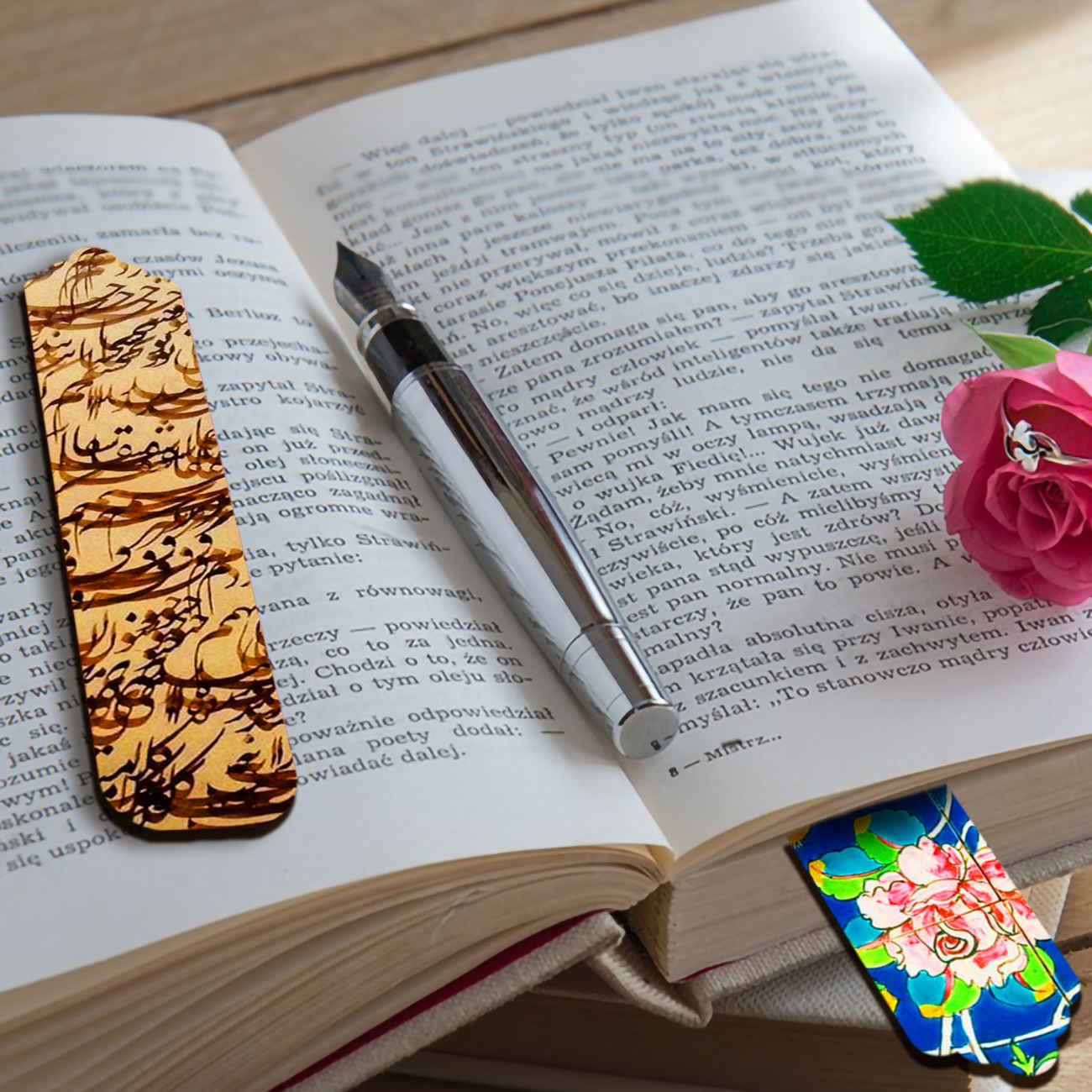 Artistic Persian Inspired Wooden Bookmark Poem & Floral – Set of 2