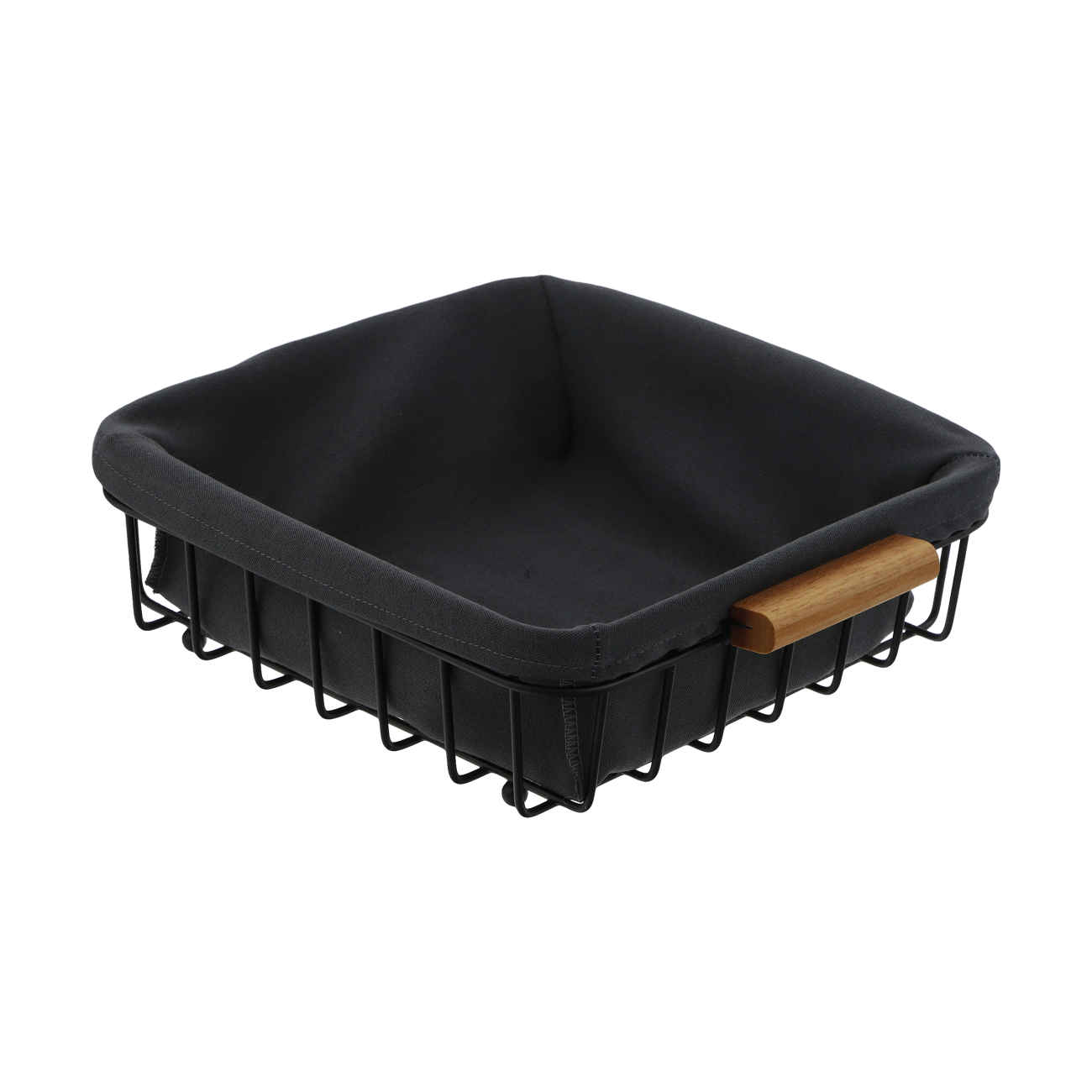 Black Metal Basket with Wood Handles and Fabric Lining – Stylish and Durable Design