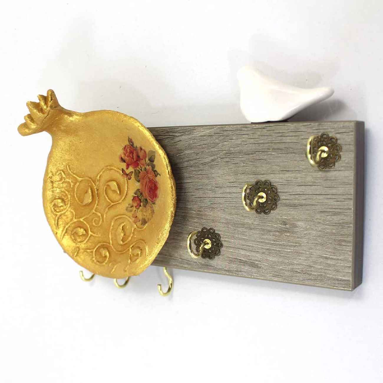 Decorative Wall Key Holder for Organized Key with Pomegranate & Bird Design
