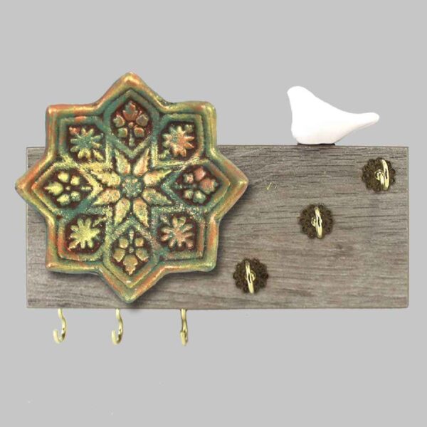 Decorative Wall Key Holder with Tile and Bird Shamsa Design