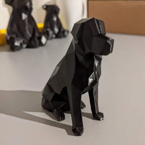 Geometric Black Dog Sitting Figurine – Modern Cubism Sculpture