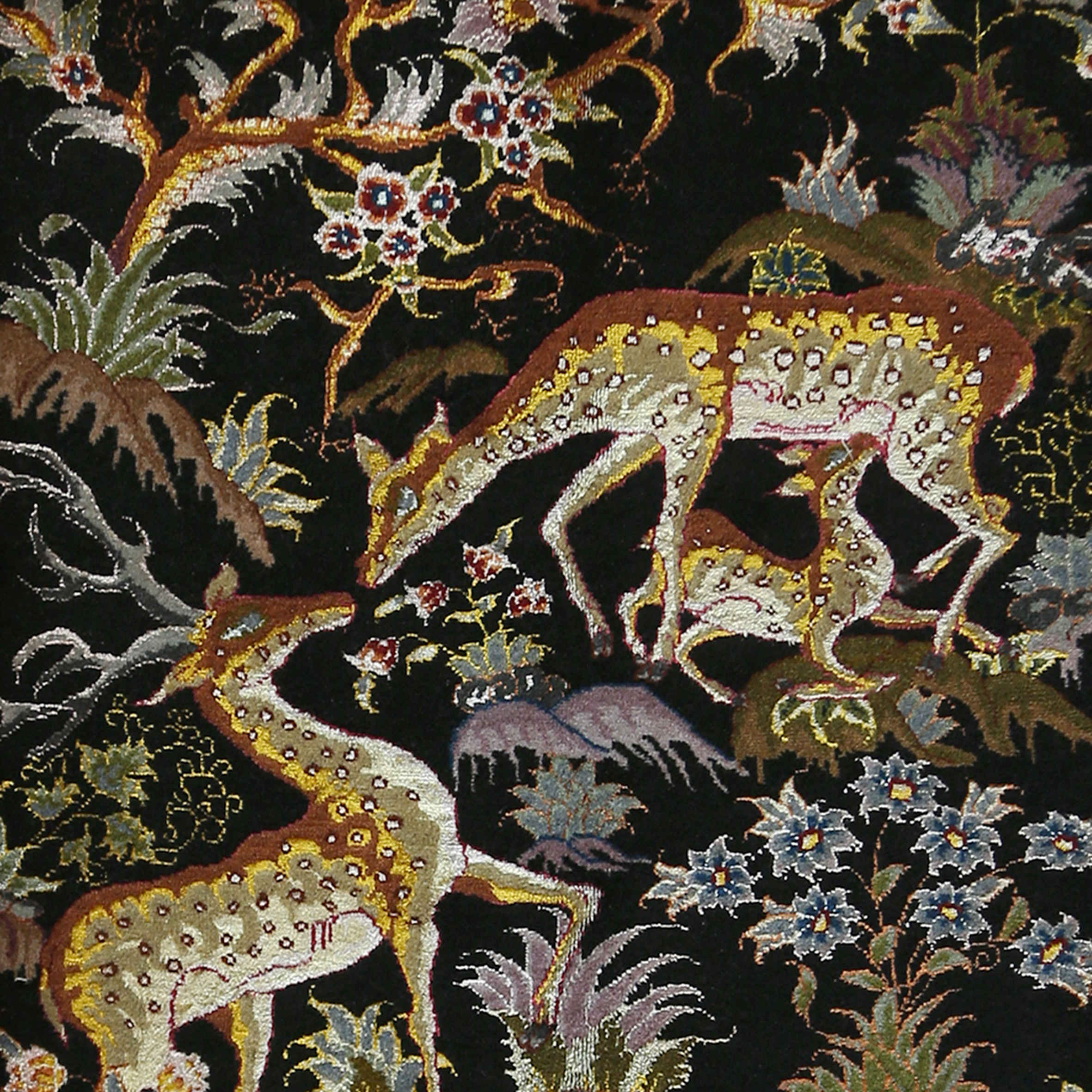Hand-Knotted Silk Persian Pictorial Rug Featuring Deer Design