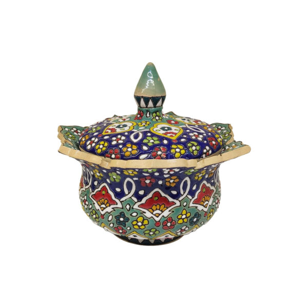 Handcrafted Persian Pottery Sugar Bowl with Lid with Flower Design