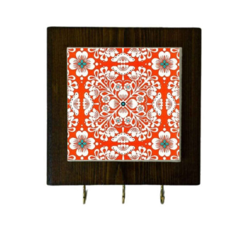 Ceramic Wall Key Holder – with Wooden Frame, Perfect for Organizing Key in Red