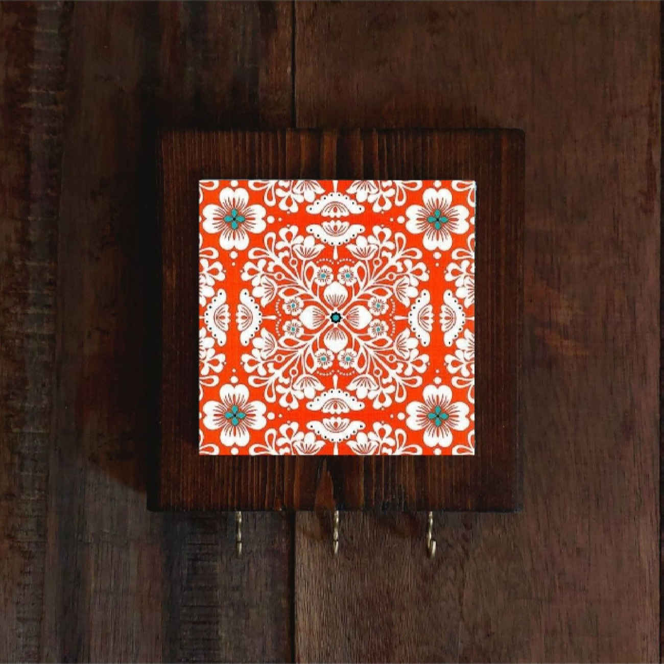 Ceramic Wall Key Holder – with Wooden Frame, Perfect for Organizing Key in Red