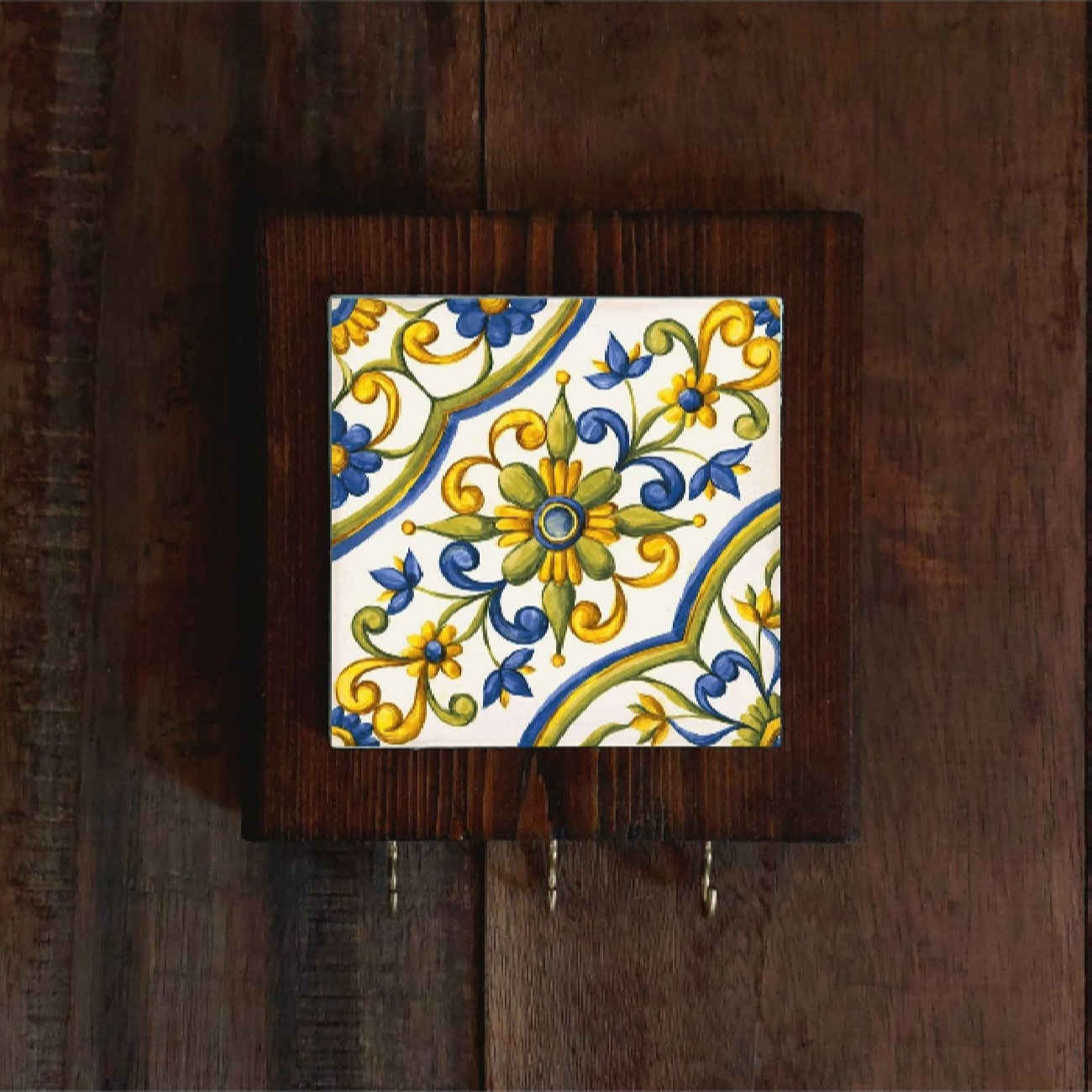 Ceramic Wall Key Holder – with Wooden Frame & Intricate Floral Design in Yellow