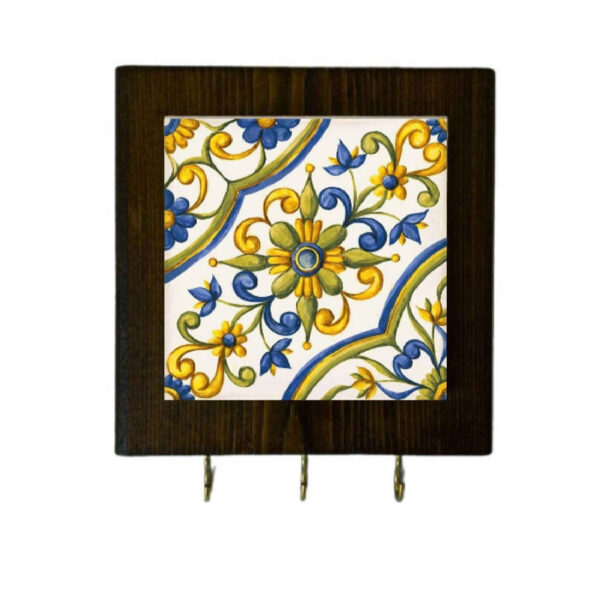 Ceramic Wall Key Holder - with Wooden Frame & Intricate Floral Design in Yellow