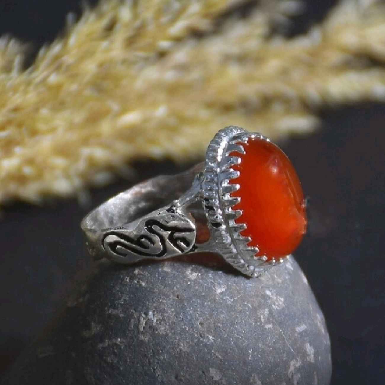 Islamic Men’s Silver Ring with Agate Stone & Ya Ali Design