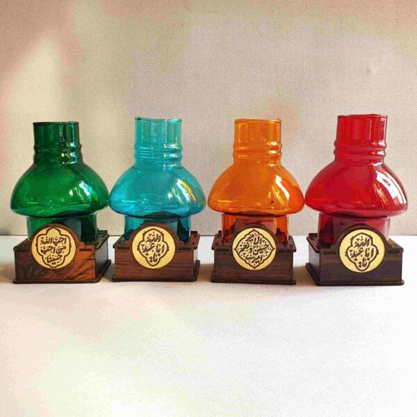 Islamic Table Top Candle Holder with Wooden Base & Names of Imams Design