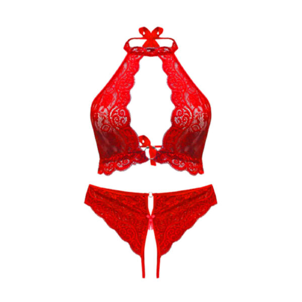 Lace Bra and Panty Set - in Bold Red Lace with Halter Neck