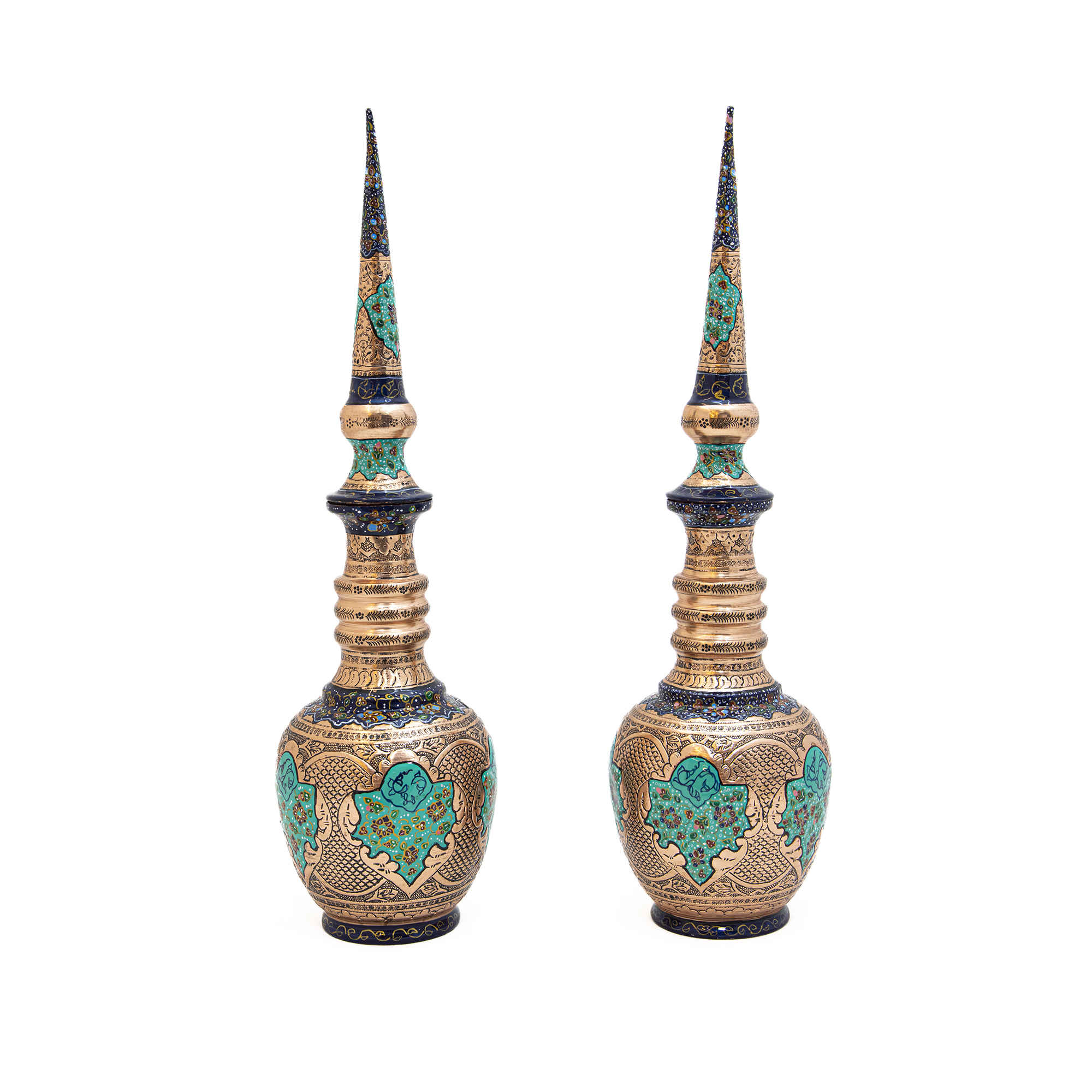 Persian Decorative Copper Bottle - Engraved with Silver Plating & Illuminated Design Pack of 2