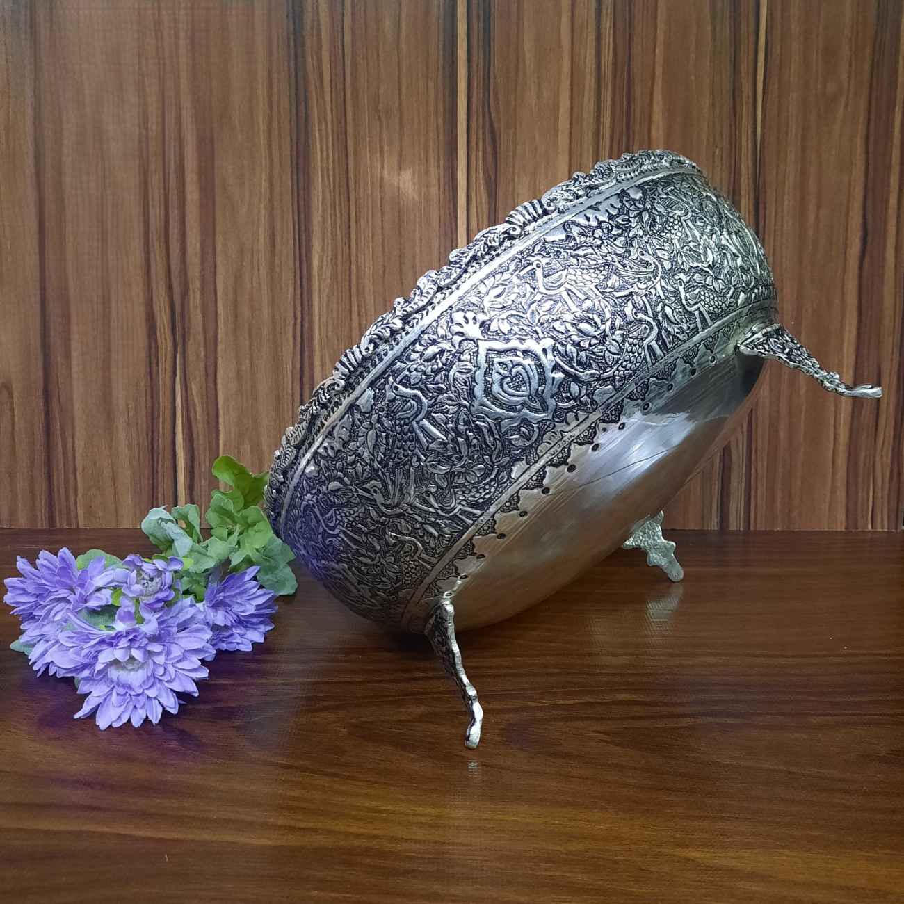 Persian Decorative Silver Bowl with Handcrafted Detailing – Ideal for Traditional Decor
