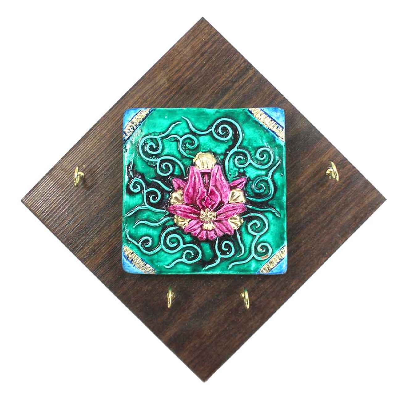 Persian Decorative Wooden Wall Key Holder - Handcrafted with Lotus Flower Design