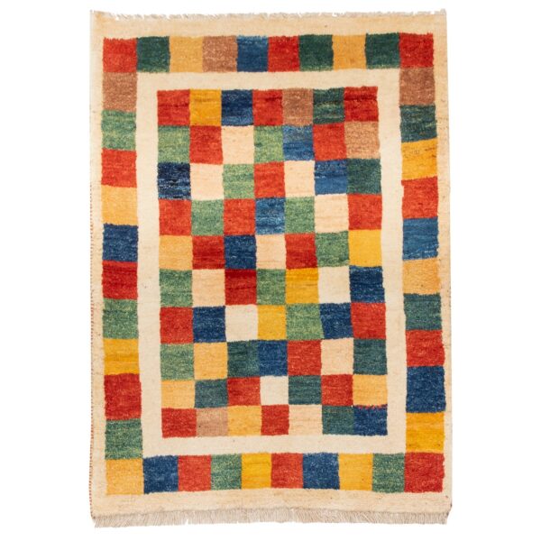 Persian Gabbeh Rug with Wool Handwoven in Fars Checkered Cream