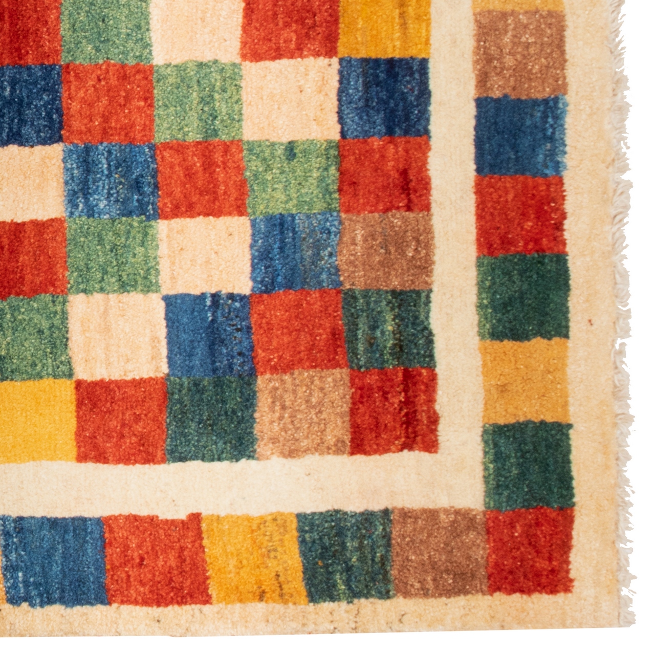 Persian Gabbeh Rug with Wool Handwoven in Fars Checkered Cream